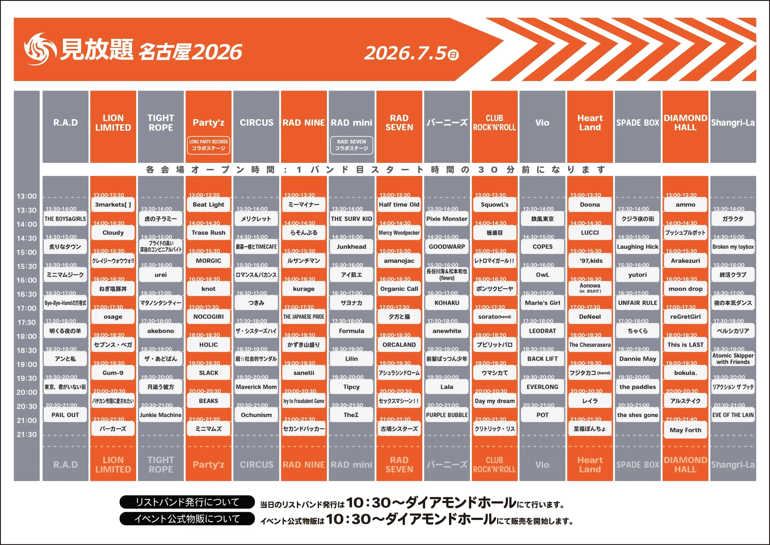 見放題 名古屋2026 タイムテーブル（2026年7月5日）ロマンス&バカンスはCIRCUS 15:30〜16:00出演