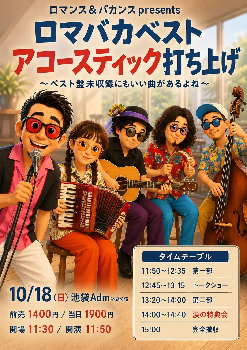 ロマンス&バカンス presents「ロマバカベスト アコースティック打ち上げ〜ベスト盤未収録にもいい曲があるよね〜」2026年10月18日(日) 池袋Adm 昼公演 フライヤー